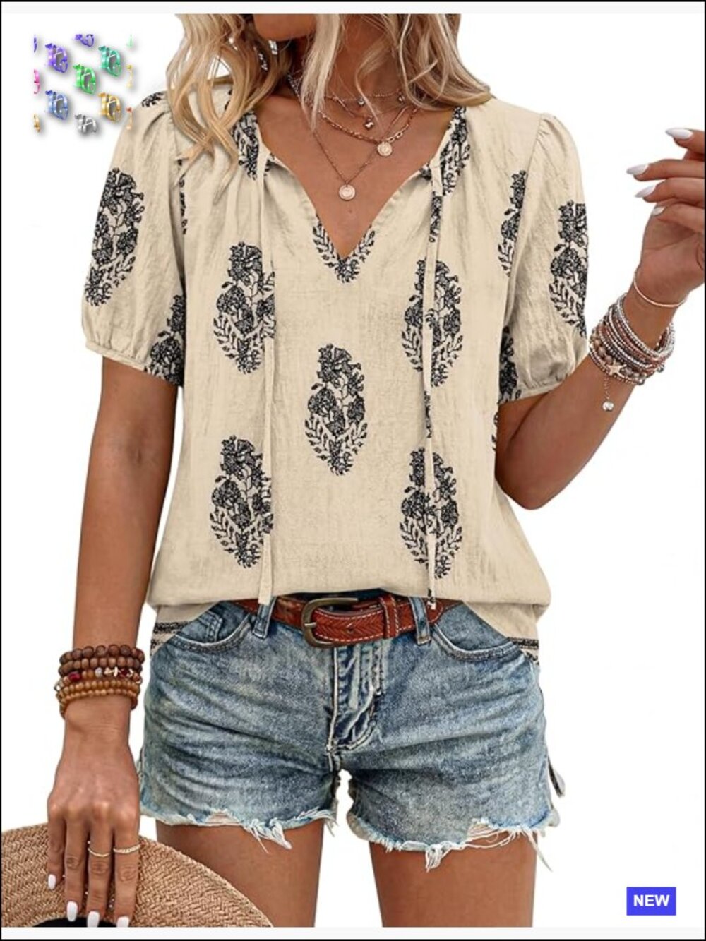 Boho Peasant Top V-Neck Tie Front Puff Sleeve Flowy Tunic Blouse Summer